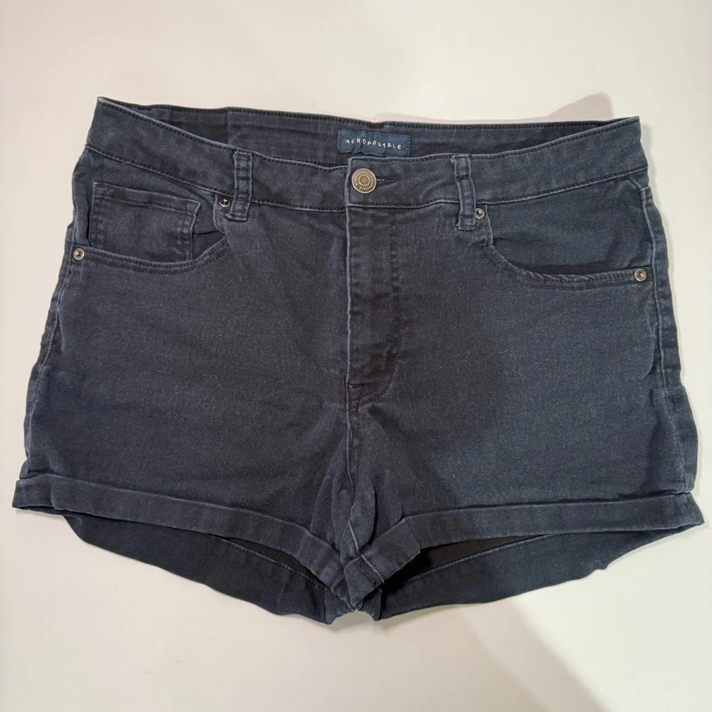 Aeropostale High Waisted Denim Shorts Dark Wash Cuffed Hem Size 14‎